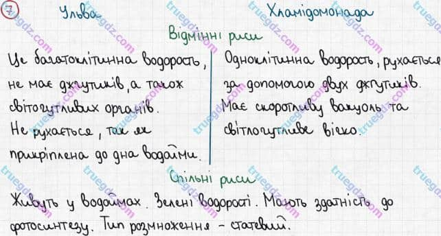 Розв'язання та відповідь 7. Біологія 6 клас Задорожний (2017, робочий зошит). Тема 2. Одноклітинні організми. Багатоклітинні організми