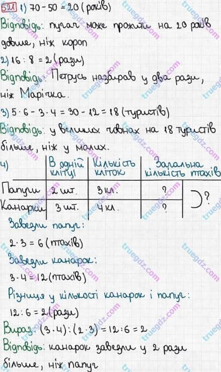 Розв'язання та відповідь 521. Математика 3 клас Рівкінд, Оляницька (2013). Розділ 3 - Усне множення і ділення чисел у межах 1000. Завдання 517-599