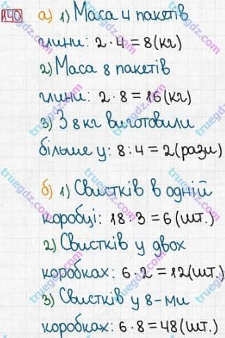 Розв'язання та відповідь 140. Математика 3 клас Заїка, Тарнавська (2020, частина 1). МНОЖЕННЯ І ДІЛЕННЯ. ТАБЛИЧНІ ВИПАДКИ МНОЖЕННЯ І ДІЛЕННЯ. Особливі випадки множення і ділення