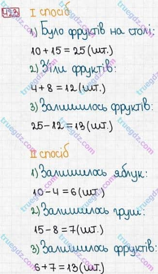 Розв'язання та відповідь 423. Математика 3 клас Заїка, Тарнавська (2020, частина 1). АРИФМЕТИЧНІ ДІЇ З ЧИСЛАМИ В МЕЖАХ 1000 НА ОСНОВІ НУМЕРАЦІЇ. Рівняння. Розв’язок рівняння