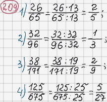 Розв'язання та відповідь 209. Математика 6 клас Тарасенкова, Богатирьова, Коломієць, Сердюк (2014). Розділ 2. Звичайні дроби та дії з ними. §6. Основна властивість дробу. Скорочення дробу