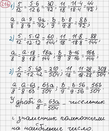 Розв'язання та відповідь 216. Математика 6 клас Тарасенкова, Богатирьова, Коломієць, Сердюк (2014). Розділ 2. Звичайні дроби та дії з ними. §6. Основна властивість дробу. Скорочення дробу